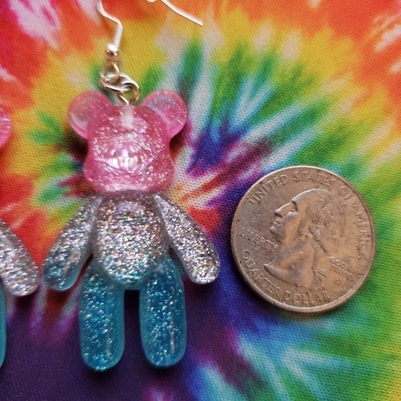 Handmade Lightweight Ombre Glitter Pink Blue Silver Teddy Bear Earrings - Picture 5 of 5